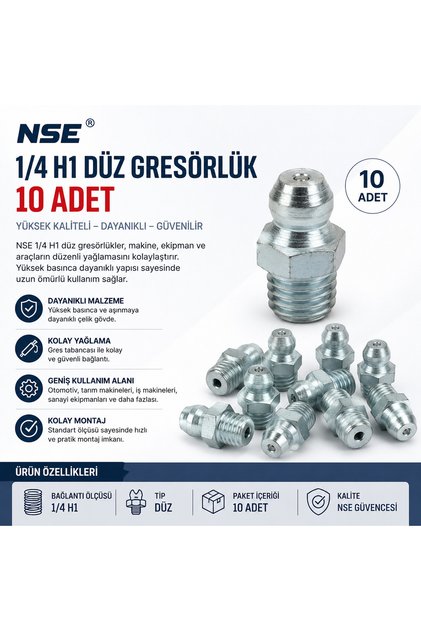 1/4 H1 Düz Gresörlük 10 Adet – Yağlama Nipeli, Gresörlük Meme Ucu, Endüstriyel Makine ve Araç Yağlama Aparatı
