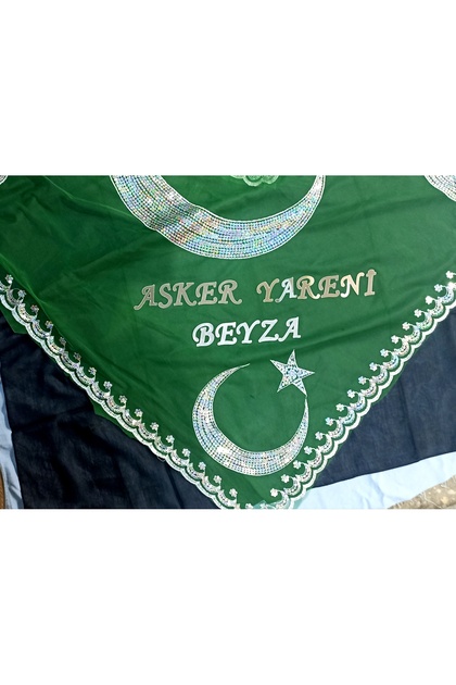 Kişiye Özel ASKER YARENİ ve İSİM yazılı yeşil ay yıldızlı asker yazması tirşe kına örtüsü 100x100 ebat