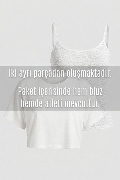 Dantel Atletli Kısa Kol Bluz - Beyaz 3