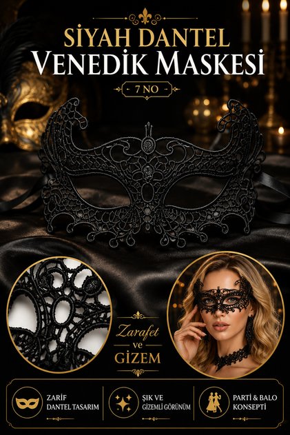 Siyah Dantel Venedik Maskesi Kadın – Zarif Masquerade Parti Maskesi, Maskeli Balo ve Özel Davet Aksesuarı