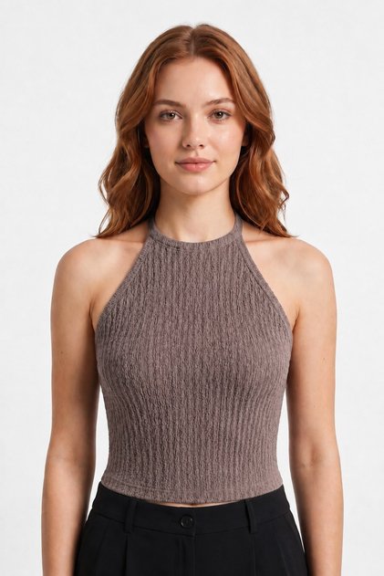 Premium - Tide Collection | Mink Halter Neck Halter-Neck Wrap Textured Women's Crop Blouse