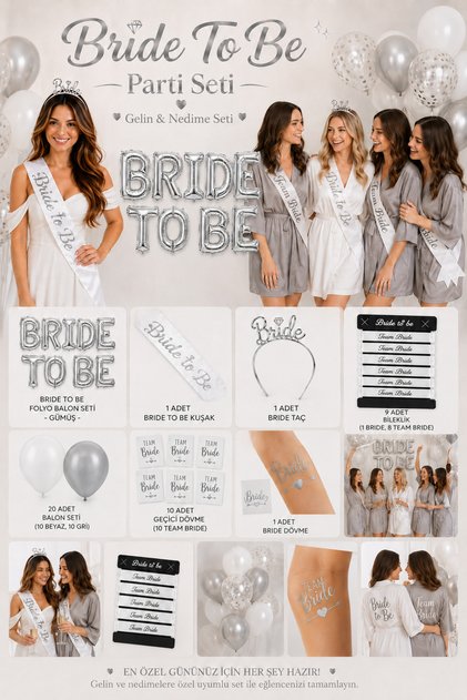 Bride To Be Bekarlığa Veda Parti Seti Gümüş Gelin ve 8 Nedime Seti Kuşak Taç Bileklik Balon Dövme Seti