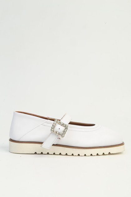 Women's White Stone Buckle Thick Sole Ballerinas