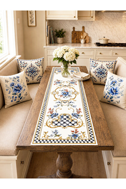 Ottoman Tile Tulip Patterned Modern Decorative Runner Tablecloth