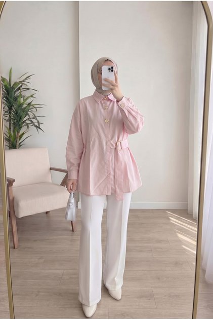 Women's Gold Button Detailed Belted - Buckle Detail Long Sleeve Modest Shirt