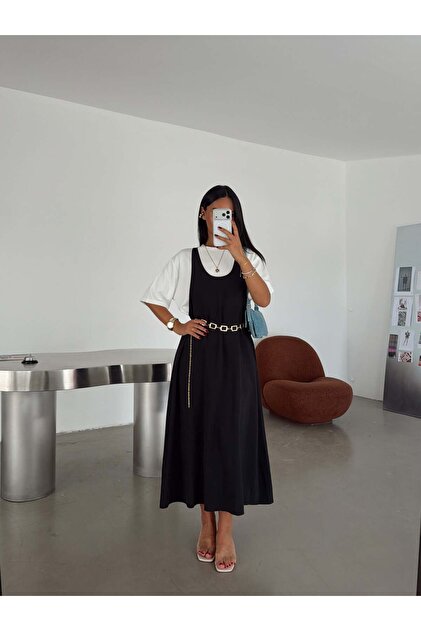 Short Sleeve Gilet Dress - Black