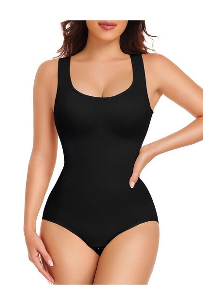 Body modelator pentru femei, cu control asupra abdomenului, fără cusături, decolteu U, cu sutien încorporat – Negru M