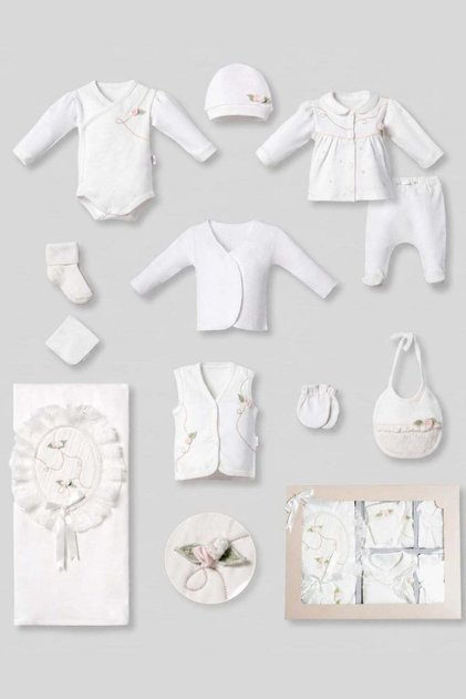 Baby Girl 11-Piece Hospital Discharge Set with Rose Embroidered Vest - Lace Newborn Bodysuit Set