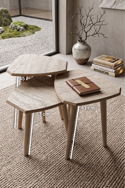 Traverten MDF Safrun Lüks 3'Lü Zigon Sehpa Dekoratif Ahşap Ayaklı Yan Sehpa