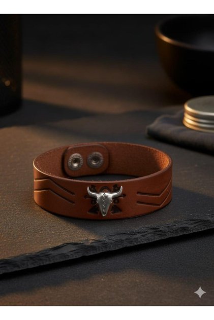 Tan Wide Leather Men's Bracelet - Bull Skull Figured