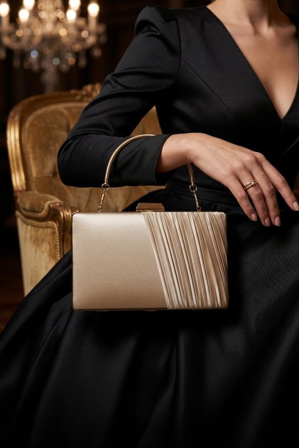 Ten Satin Pleated Metal Case Evening Dress Handbag with Handle and Strap