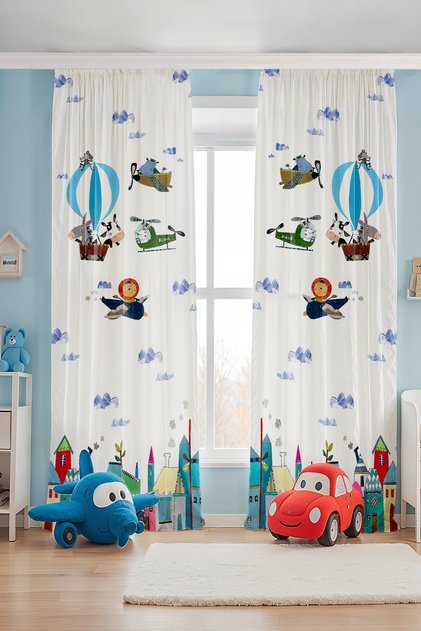 Airplane Patterned Children's Baby Room Background Curtain (Single Wing Pricing)