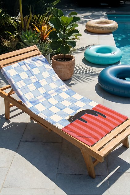 Plaid Beach Towel with Cat Figure - Modern Blue Coral Tone Pool Sea Quick-Drying Microfiber Towel