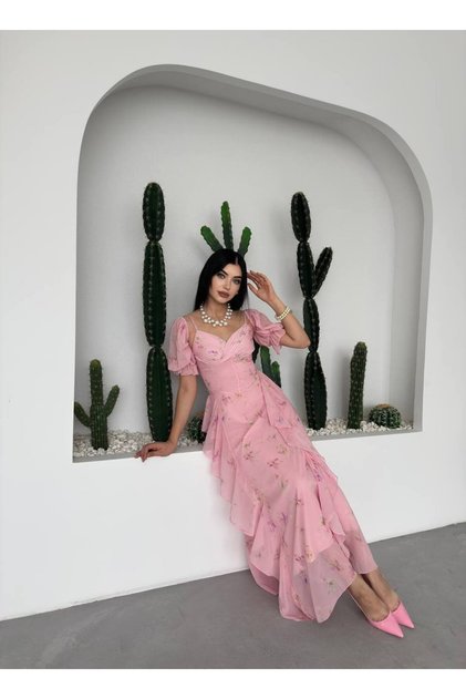 Kadın Flora Şifon Tasarım Elbise -Kod 00751 E6