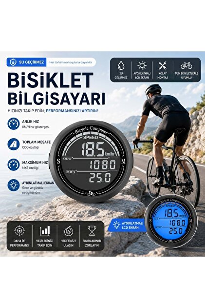 Bisiklet Bilgisayarı KM Saati Hız ve Mesafe Ölçer Su Geçirmez Ledli LCD Ekranlı Kablolu