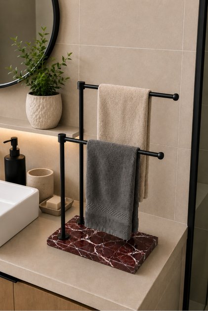 Natural Elazığ Cherry Marble Base Double Handle Matte Black Metal Towel Holder | Countertop Bathroom Towel Stand | 25X15 cm