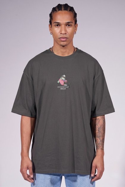 Men's Oversize T-Shirt Shark Hello Printed Smoked – Crew Neck, Comfortable Fit, 100% Cotton