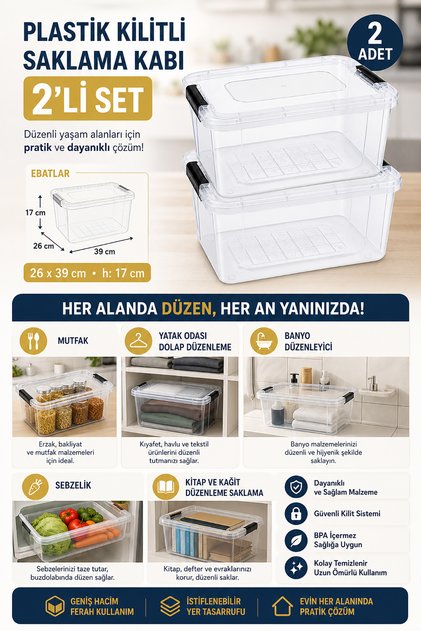📦 2-Piece Lockable Plastic Storage Container 15 Lt 26X39X15 cm Transparent Organizer Box with Lid