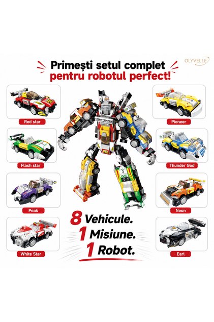 Racing Force 8 în 1 – Set de construcție cu 8 vehicule care se transformă într-un robot din 786 de piese, 6+