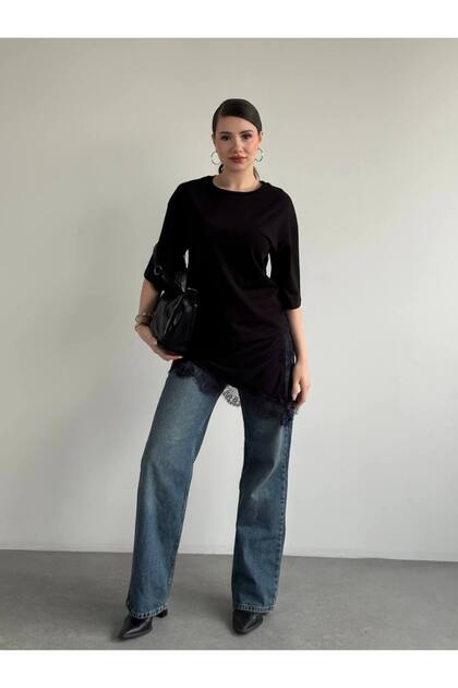 Women's Lace Detailed Asymmetrical Tunic Blouse