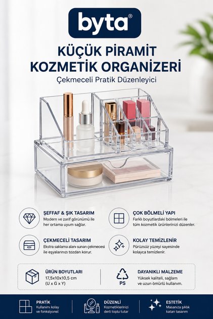 Transparent Acrylic Makeup and Cosmetic Organizer with Drawers – Multi-Compartment Desktop Organizer and Storage Box