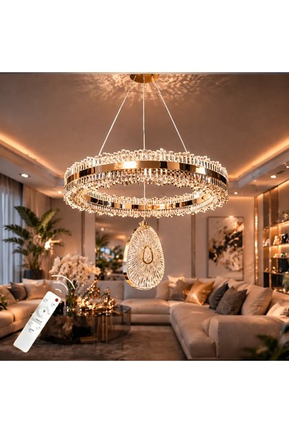 İHTİŞAM Lüks GOLD Kaplamalı Çift Yönlü Aydınlatmalı Kumandalı Dimmerli 3 Renk Ledli Avize Led Avize- Çap 40 cm
