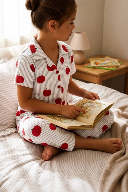 Children's Apple Patterned Short Sleeve Buttoned Pajama Set – Soft Textured Comfortable Loungewear