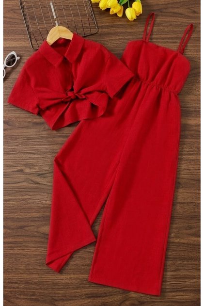 Red Woven Summer Sport Jumpsuit Pants Shirt Without Buttons Tie Fastening Tight Design