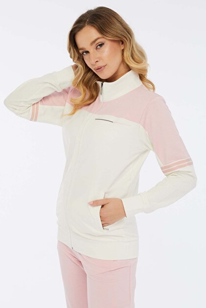 Women's Cotton High Collar Zippered Tracksuit Set Powder Pink-8534