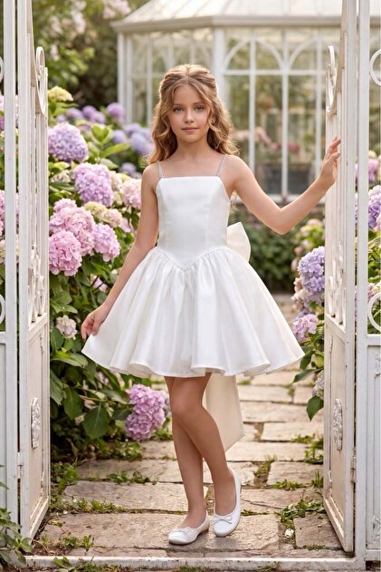 formal dress for 9 year girl BUTİKHAPPYKİDS Girl's Evening White Monorail Shiny Fabric Stone Strap Bow Princess Evening Dress 9-12 MerchCategory2:CHILDRENSWEAR