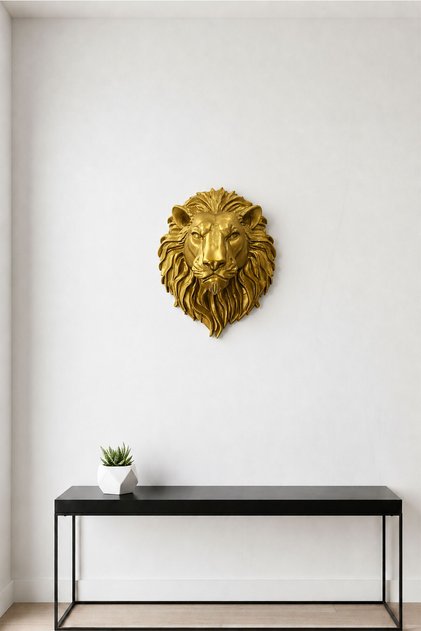 Aslan Figürü Doğal Görünümlü Duvar Süsü - Aslan Kafası Duvar Süsü Gold
