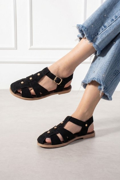 Treviso Black Suede Multi-Strap Women's Sandals with Gold Buckle