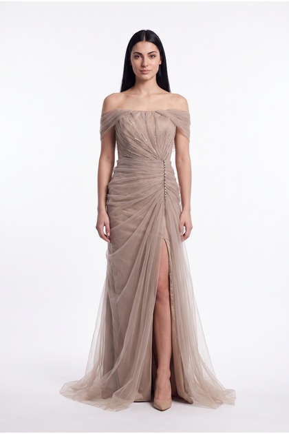 Premium Tül Drape Detaylı Straplez Uzun Abiye Elbise
