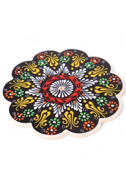 Black Handmade Embossed Tile Patterned Ceramic Trivet Heat Resistant Pot Pan and Teapot Mat Non-Slip Cork Base 17 cm