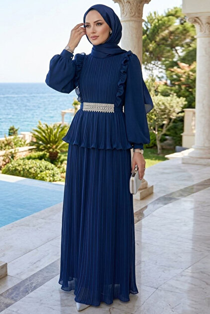 hijab with navy blue dress N.S NEVA STYLE Chiffon Stone Belted Pleated Evening 5690L what color hijab goes with navy blue dress