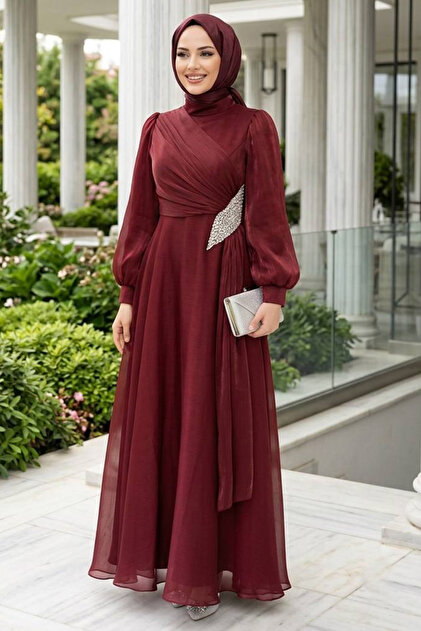 N.S NEVA STYLE Sparkling Fabric Draped Burgundy Hijab Evening Dress 4916Br