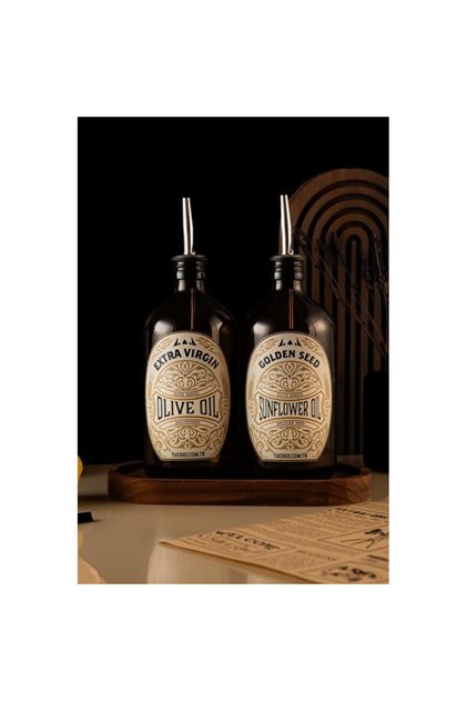 500ML Ahşap Stantlı Amber Zeytinyağı Şişesi ve Ayçiçek Yağı Kapağı