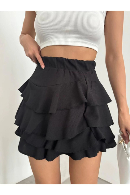 Fustă mini din țesătură seersucker, cu talie înaltă, elastică în talie, cu volane în straturi, pentru femei - Negru