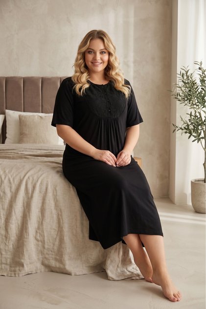 New Season Black Crew Neck Lace Detailed Summer Buttoned Design Short Sleeve Plus Size Nightgown