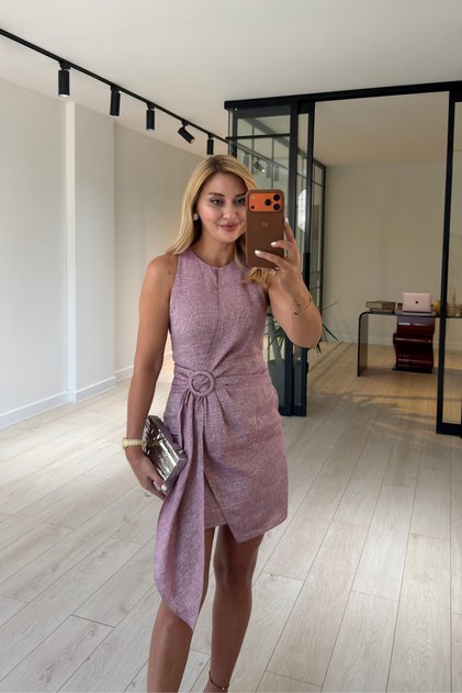 Premium Seri Kemer Detay Simli Pudra Pembe Keten Elbise