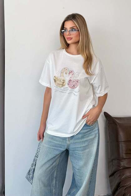 Tricou de damă cu model lebădă și paiete, alb - 26Y 5076
