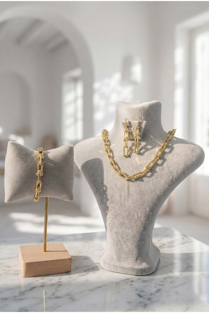 14 Ayar Altın Kaplama Zincir Model Kolye - Küpe - Bileklik Takı Seti TH-0325