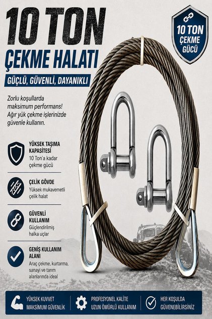 Çantalı 2 Metre Araç Çekme Halatı 10 Ton Çelik Çeki Halatı 2 Adet Mapa