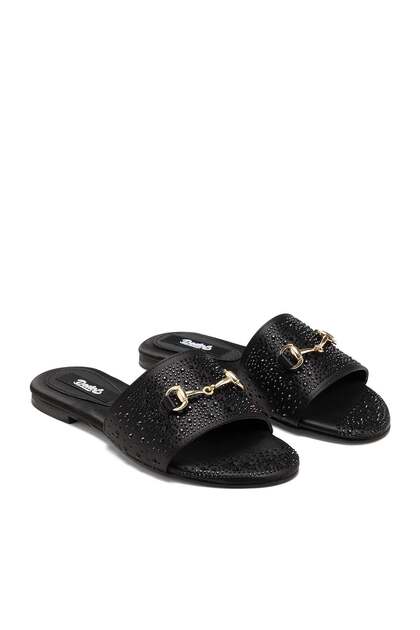 Women's Stoned Orthopedic Sole Daily Stylish Summer Slippers with Gold Buckle 6001
