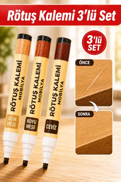 Rötuş Kalemi - Ahşap Mobilya Rötuş Kalemi - Çizik Giderici Tamir Kalemi Masa Dolap Kapı Parke Uyumlu 3’lü Set