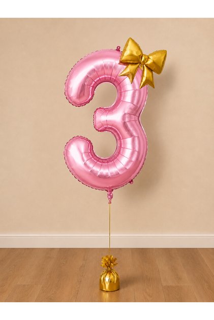 -3- Age Pink Number Gold Bow Foil Balloon Set