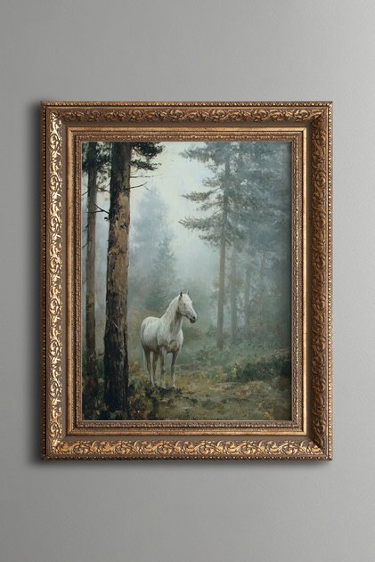White Horse in the Foggy Forest - Vintage Patterned Painting - Thick Model