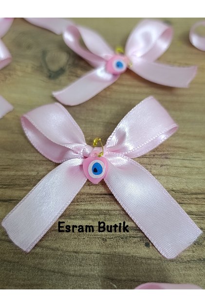 Pink Satin Evil Eye Beaded Ribbon Bow, Bundle, Dowry, Wedding, Engagement, Circumcision, Parcel, Gift Ornament 10 Pieces
