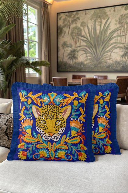 Exotic Leopard Fringe Pillowcase-Wild Floral Ethnic Cobalt Blue Navy Tassel Throw Pillow Cover
