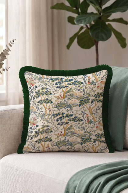 Exotic Jungle Motif Fringed Pillowcase-Bird Garden Bohemian Blue Green Gray Tassel Throw Pillow Cover
